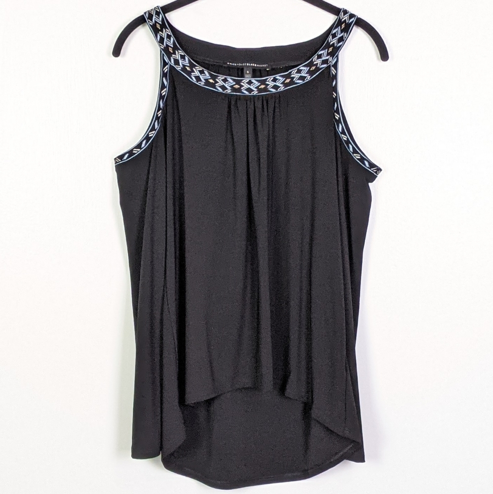 WHBM Black Cold Shoulder Embroidered Trim Top